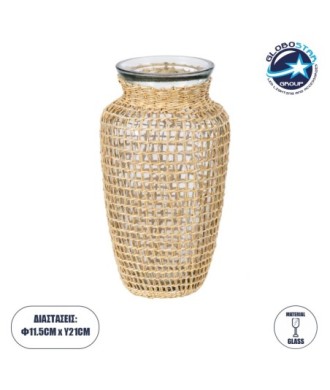 GloboStar® MANDY 35621 Διακοσμητικό Βάζο Γυάλινο Διάφανο με Μπαμπού Φ11.5 x Υ21cm